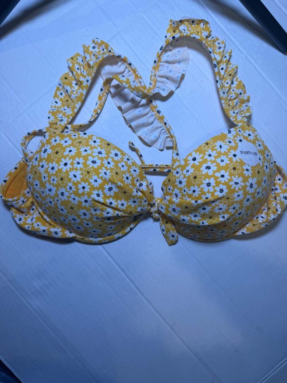 California Waves Juniors Yellow Floral Print Ruffle X-Back Push-Up Bikini Top